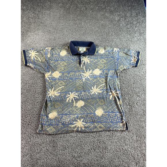 VINTAGE Hibiscus Hawaiian Shirt Mens Large Green Blue Floral Aztec Polo FLAW - Picture 1 of 12